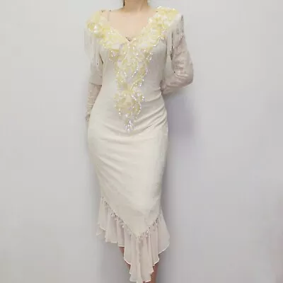 Vintage 80s Midi Wedding Dress Beaded Ruffle Long Sleeve V-neck By Karen Okada • $128