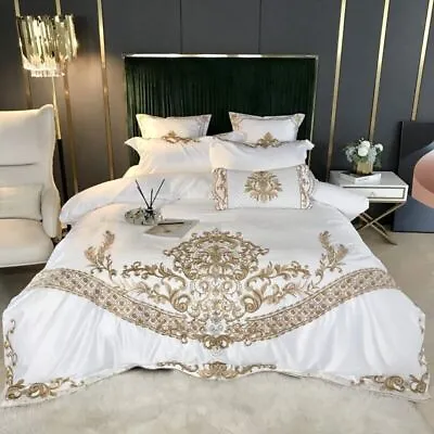 White Satin Cotton 4/5Pcs Bedding Set Duvet Cover Set Bed Sheet Pillowcases • £239.83