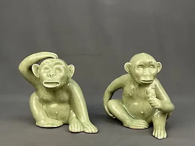 Pair Of Maitland Smith Celadon Green Crackle Porcelain 7  Monkey Figurines • $195