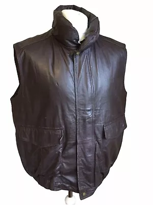 Vintage EDDIE BAUER Leather Vest Goose Down Bodywarmer Gilet Brown L Sleeveless • $73.43