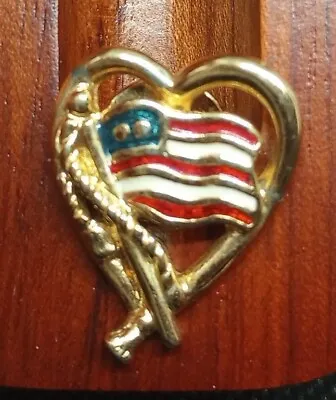 Vintage Avon Goldtone Heart Flag Pin Brooch Tack Patriotic Accessory USA Jewelry • $9.99