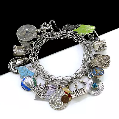 Vintage Sterling Silver Charm Link Bracelet Souvenir Us State Travel Charms • $84.99