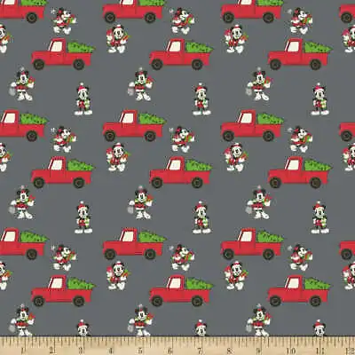 Disney Mickey Mouse Christmas Red Truck On Gray Cotton Fabric   BTY    36  X 43  • $8.50