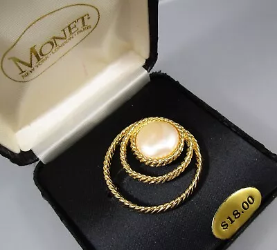 NOS New In Box MONET Gold Tone 1.5  Round Open Cut Faux Pearl Brooch Pin • $12.99