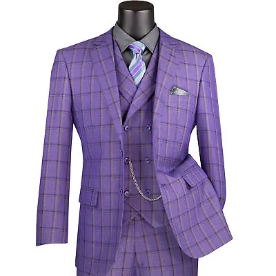 VINCI Men's Purple Windowpane 3pc 2-Button Modern Fit Suit - NEW • $140