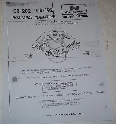 HURST  MOUNT Instructions---1951 TO 1958 CHRYSLER HEMI-331 354 392-- • $8