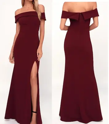 Lulu's Burgundy Off-the-Shoulder Thigh-high Side Slit Maxi Dress XL • $30