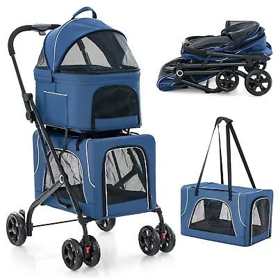 Double-Layer Pet Stroller Pushchair 3-in-1 Folding Dog Cat Walk Travel Carrier • £79.95