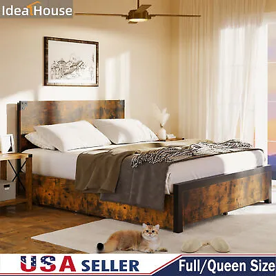 $227.04 • Buy Industrial Full Queen Size Platform Metal Bed Frame W/ 4 Sliding Storage Drawers