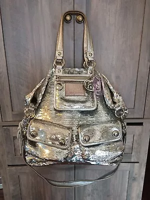  Coach Poppy Spotlight Limited Edition Silver Sequin Hand Bag XL 13838  • $269