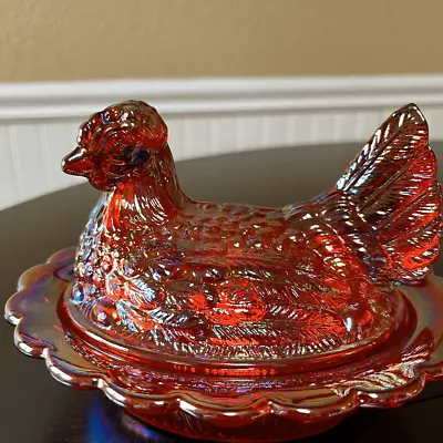 Vintage Mosser Glass Red Carnival Iridescent Covered Chicken Dish With Split Tai • $95