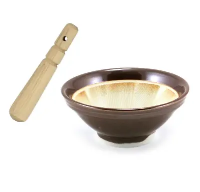 Japanese 7 D Ceramic Brown Suribachi Mortar Bowl W/ Wooden Pestle MADE IN JAPAN • $25.95