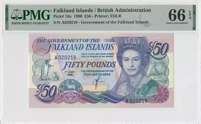 1990 Falkland Islands 50 Pounds Qeii £50  A  **020216** (( Pmg 66 Epq )) • £68.09