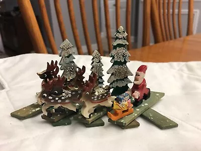 Vtg Wooden Christmas SANTA  & Reindeer Sleigh  Tree Expanding Collapsible JAPAN • $49.95