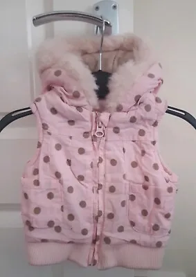 Newborn Cherokee Pink Girls Zip Up Brown Spotted Gilet With Hood And Faux Fur • £4.99