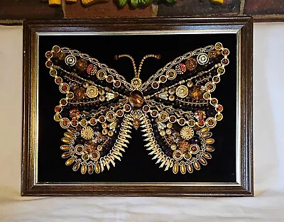 Vintage Jewelry Jeweled Handmade Butterfly Original Art Framed On Velvet • $180