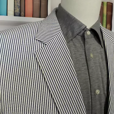 Haspel Seersucker Sport Coat Men 46R Cotton Blue White Striped Two Button Blazer • $49.99