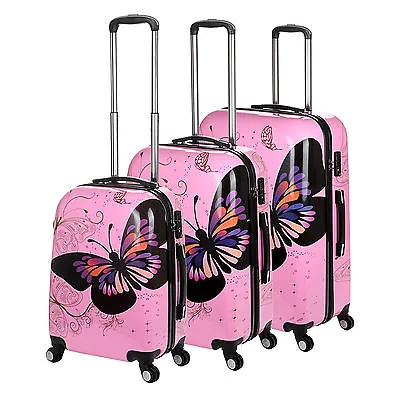 Hard Shell 4 Wheel Suitcase PC Luggage Trolley Case Cabin Hand Butterfly - Pink • £45.99