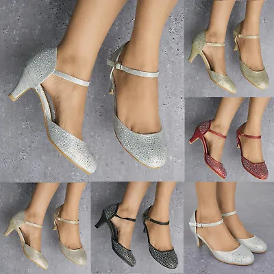 £9.99 • Buy Ladies Sparkly Glitter Diamante Detail Low Heel Ankle Strap Evening Shoes 3-8