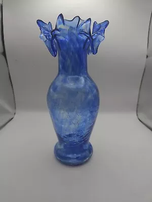 Ruffled Top Blue Swirl Crackle Glass Vase 9 X3.5  • $28