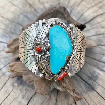 RARE ITEM Vtg Exquisite Men's 925 Sterling Silver Turquoise Coral Cuff Bracelet • $350