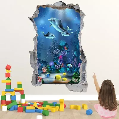 Dolphin Fishes Underwater Wall Decal Sticker Mural Poster Print Art Kids Bedroom • £3.99