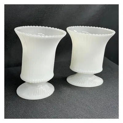E O BRODY Art Deco Milk Glass 2 Pedestal Vases Oval Ribbed Footed EUC Vintage • $14.33