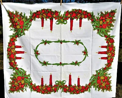 $29.95 • Buy Vintage Christmas Tablecloth 1950s MCM Holiday Wreath Candles 52  X 123 
