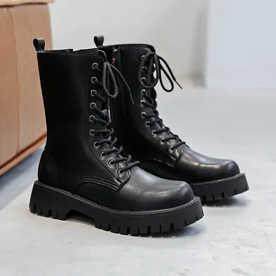 Men's Black Platform Riding Boots Lace Up Zipper High Top Motorcycle Ankle Boots • £47.99