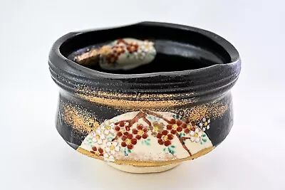 Japan Matcha Chawan Tea Bowl Black Oribe Glaze Cherry Blossom Red Gold Seto Ware • $84.36