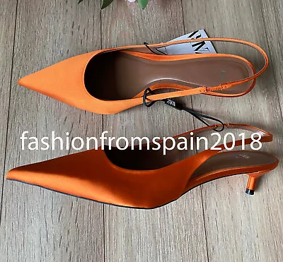 Zara New Woman Kitten Heel Fabric Slingback Shoes Orange 35-42  1216/310 • $59.99