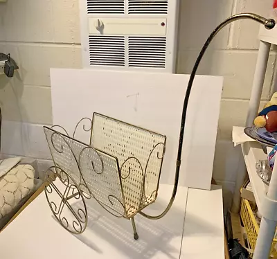 VINTAGE RETRO Mid Century Modern Gold Tone White Mesh Magazine Rack ROLLING Cart • $59.28