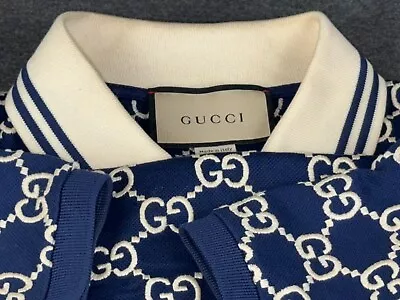 GUCCI GG Men’s MONOGRAM Logo All Over Stretch Cotton Polo Shirt Blue Cream LARGE • $799.98