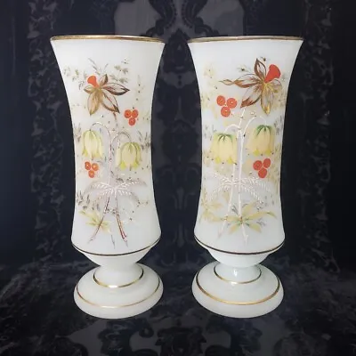 Antique Bristol Vase White Opaline Hand Painted Floral Blown Glass Set Of 2 • $34