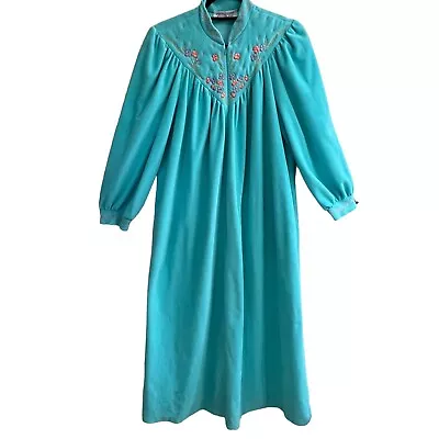 Vtg 70s Vanity Fair Turquoise Robe Housecoat Zip Front Fleece Embroidered Small • $25.94