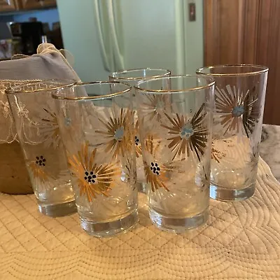 Vintage Atomic Starburst Celestial Star Set Of 5 Highball Glasses MCM Gold Burst • $39.99