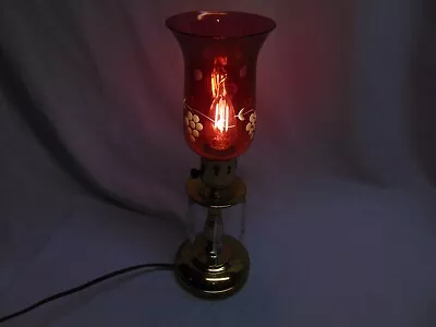 Vintage Cranberry Glass Electric Lamp Gold Metal Base W/ 5 Danglers 14 1/2  Tall • $19.99