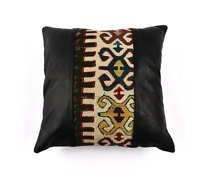 $55.92 • Buy 16x16 Leather Kilim Pillow Handmade Genuine Leather Ethnic Vintage Cushion 4585