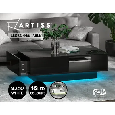 Artiss LED Coffee Table Storage Drawer Display Shelf High Gloss Modern Table • $113.95