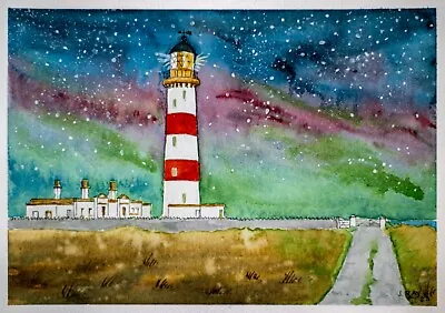 An Original Watercolour Painting Of  Northern Lights At  Tarbat Ness Lighthouse. • £10