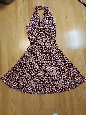 My Michelle Salmon White & Brown Geometric Print Halter Dress - M(Vgc) • $9.65