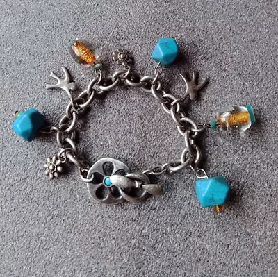 Signed DANON Pewter & Turquoise Charm Bracelet Art Glass Beads • £35