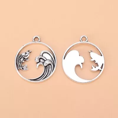 30 X Tibetan Silver Fish & Ocean Wave Round Charms Pendants Beads Jewelry Making • $4.82