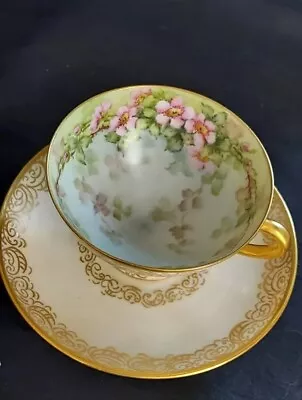 Vintage C.T. (Carl Tielsch) Germany Hand-Painted Floral Footed Tea Cup & Saucer  • $320