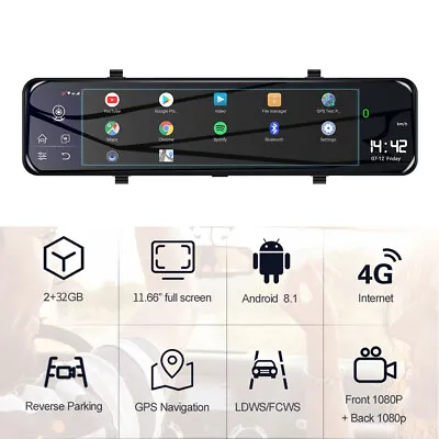 1080P HD 12  Android 8.1 4G WIFI 2CH Car GPS Rearview Mirror Dash Cam Recorder • $147.89