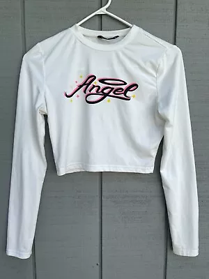 Shein Womens White Midriff Long Sleeve Top Angel Across Chest Size Small • $10.39