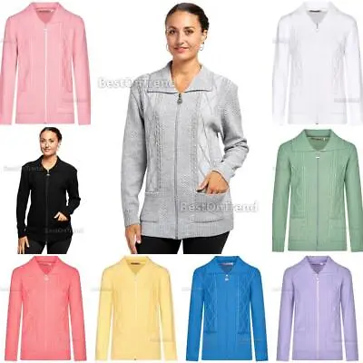 Ladies Women's Winter Zip Cardigan Zipped Cable Knit Long Sleeve Jumper Pockets • £12.99