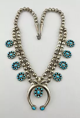 Vtg Navajo Sterling Silver Petit Point Turquoise Cluster Squash Blossom Necklace • $849