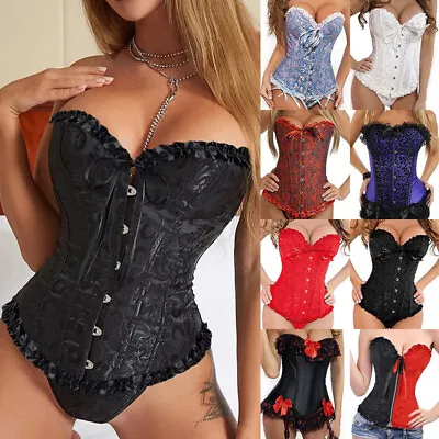 Women Sexy Overbust Boned Corset Burlesque Basque Top+Thong Suit Lace Up Costume • £7.79