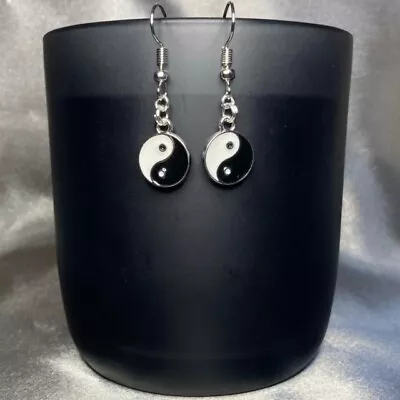 Handmade Silver Yin Yang Earrings Gothic Gift Jewellery Fashion Accessory • £4.50